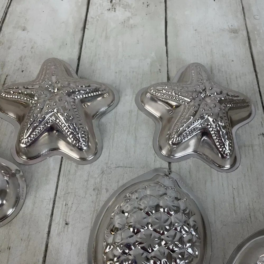 6 Vtg Lobster Starfish Sealife Molds Jello Kitchen Decor Metal Silver / Lt Pink
